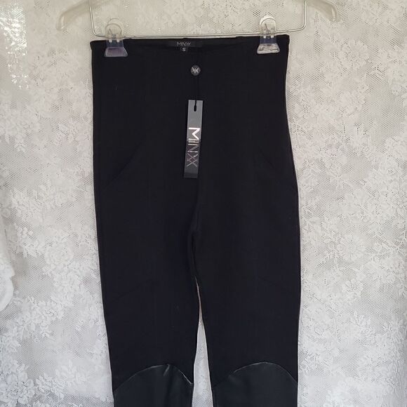 Minxx HI Rise Black Leggings, Faux Leather Shins Size Small, NWT - Picture 2 of 6